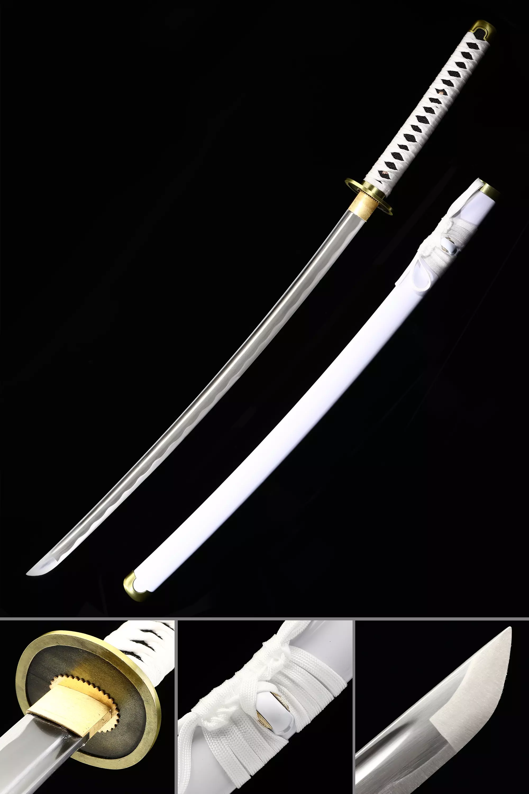 1045 Carbon Steel Katana Full Tang Blade Katana Sharp-edged Blade Katana Handmade Katana White Crod Handle Katana Pu Black Samegawa Katana Premium Natural Lacquer Saya Katana One Piece Roronoa Zoro Wado Ichimonji Real Katana Samurai Sword Replica With White Scabbard