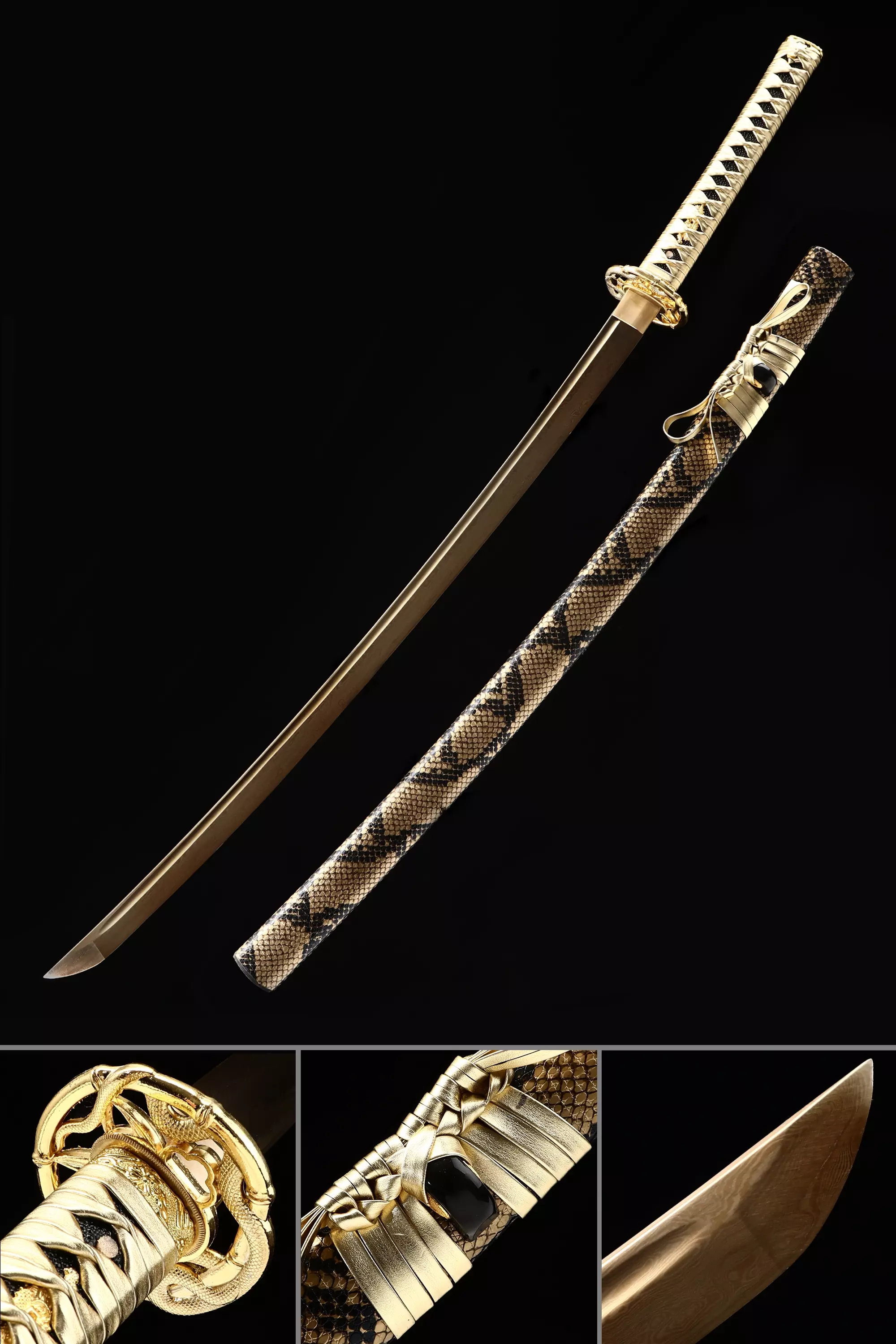 Handmade Japanese Sword Damascus Steel With Golden Blade And Snake Style Scabbard - Image 1