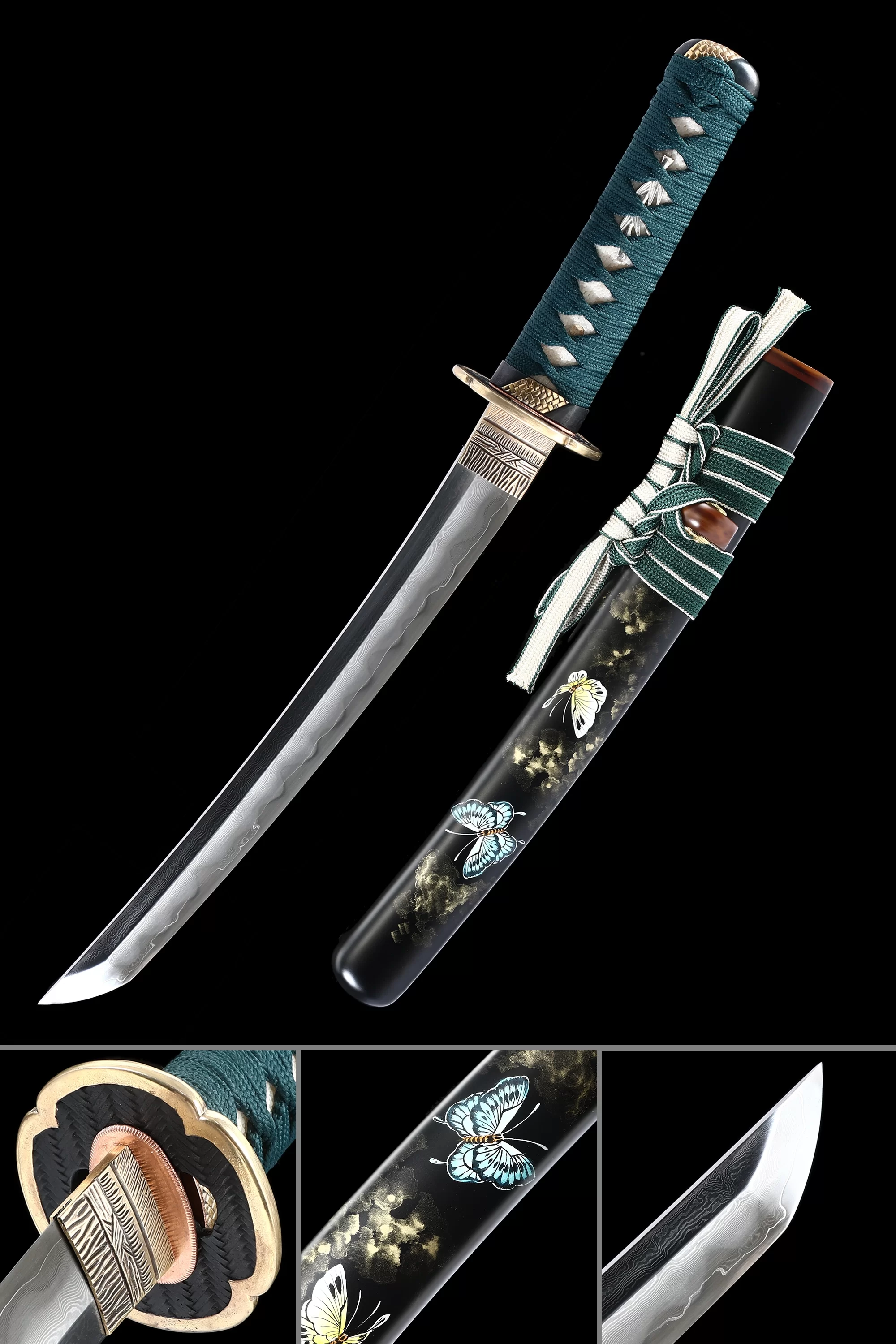 Hand-forged Damascus Steel Japanese Tanto Sword With Copper Tsuba - Image 1