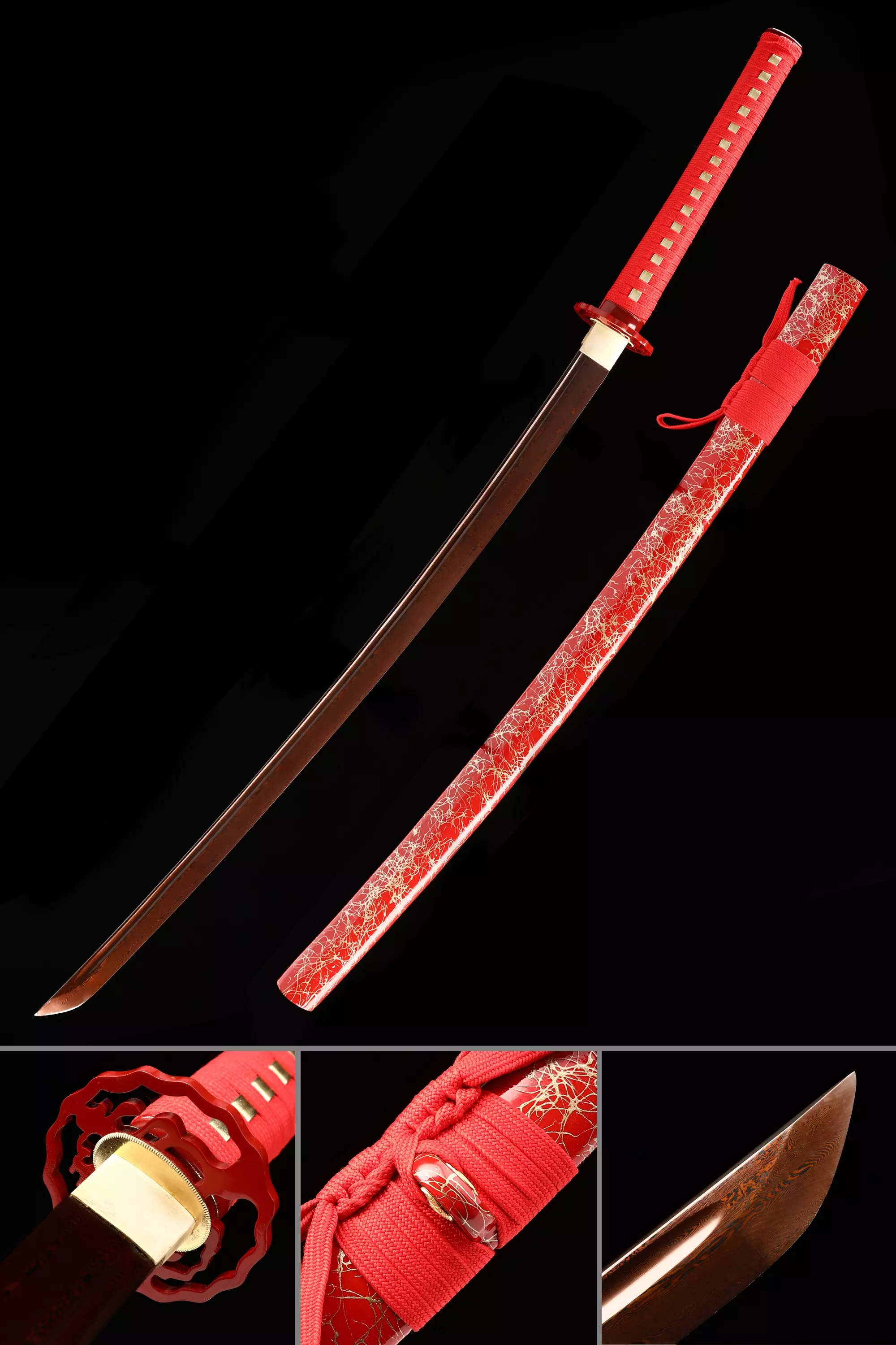 Handmade Japanese Katana Sword Damascus Steel With Red Blade And Scabbard - Image 1