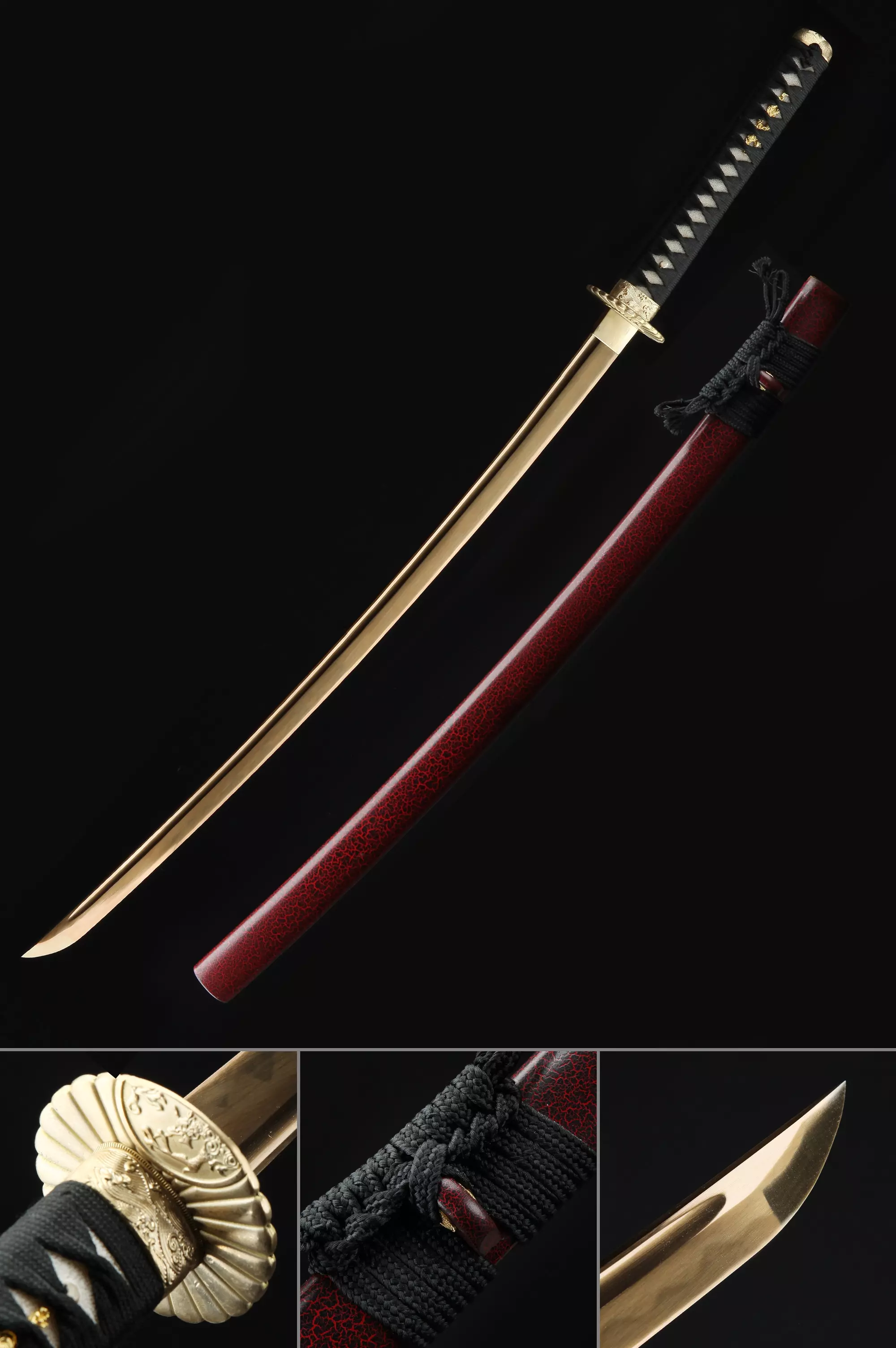 Handmade Japanese Katana Sword T10 Folded Clay Tempered Steel With Golden Blade - Image 1