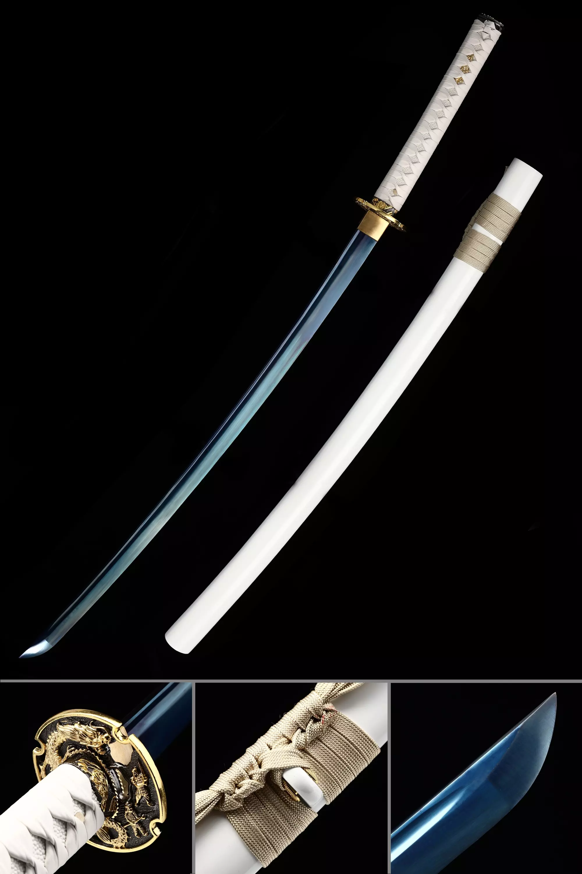 Handmade Japanese Sword With Blue Blade And White Scabbard - Image 1